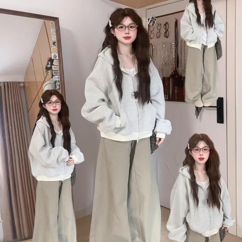 韩系学院风条纹卫衣女连帽外套秋季新款慵懒宽松外搭上衣帽衫