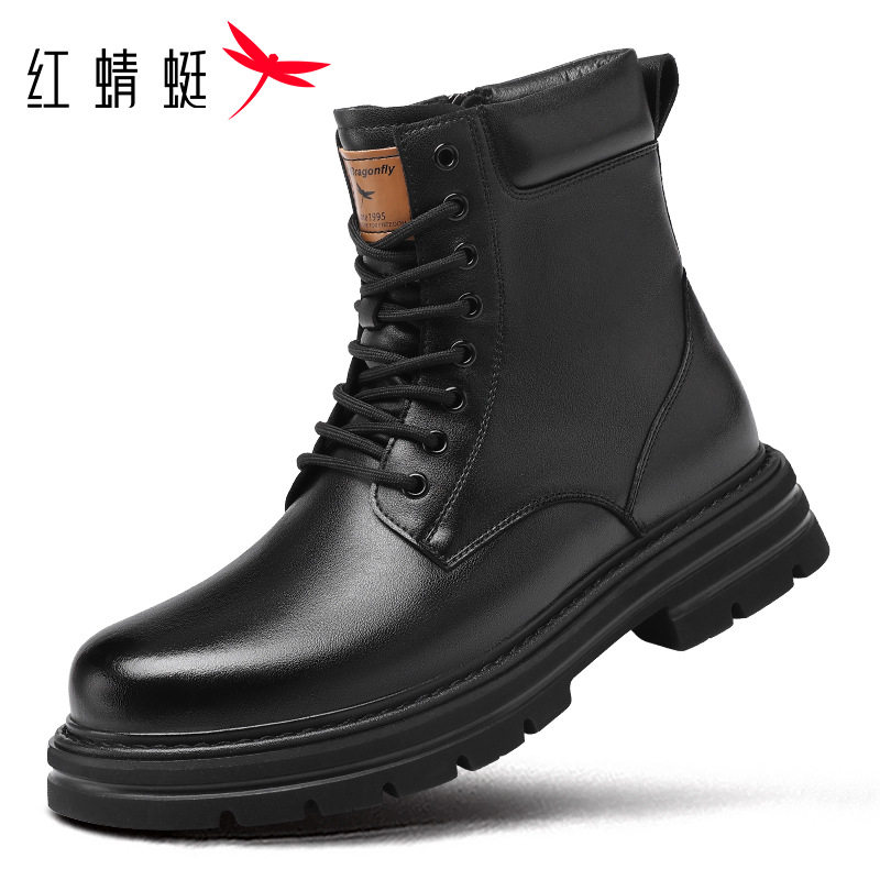 红蜻蜓男鞋冬季新款鞋子男士高帮工装马丁靴男真皮英伦风皮鞋中帮