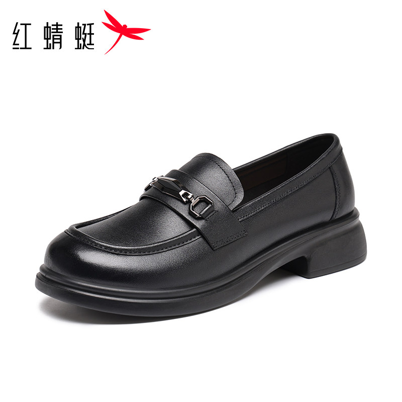 红蜻蜓正品粗跟真皮乐福鞋英伦风复古小皮鞋通勤厚底头层牛皮透气