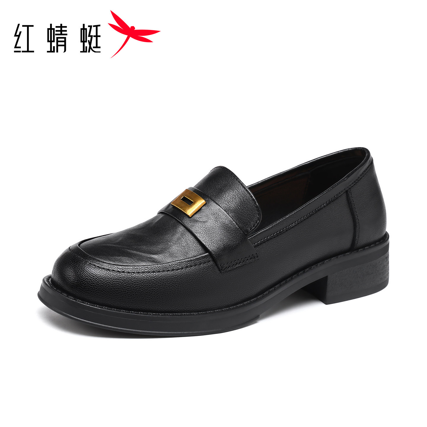 红蜻蜓女鞋2026新款羊皮乐福鞋英伦风一脚蹬小皮鞋黑色粗跟单鞋子