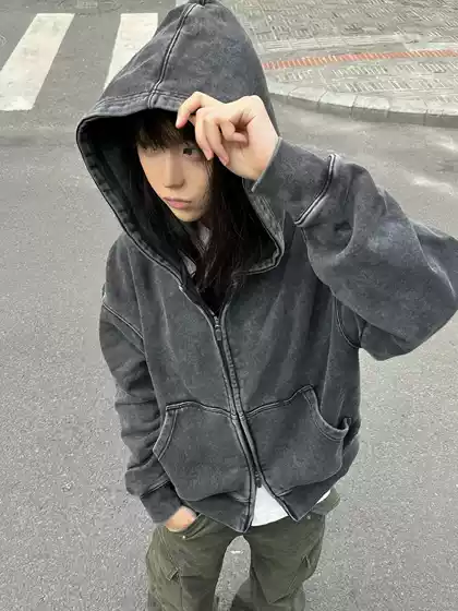 Korean 500g Heavyweight Short Wide Cleanfit Loose Washed Pure Cotton Autumn and Winter Zip-Up Hoodie Jacket