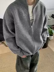 Korean Cleanfit Heavy-Duty Double-Zip High-Neck Casual Simple Knit Cardigan Lazy Style Loose Coat Sweater