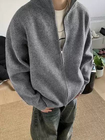 Korean Cleanfit Heavy-Duty Double-Zip High-Neck Casual Simple Knit Cardigan Lazy Style Loose Coat Sweater