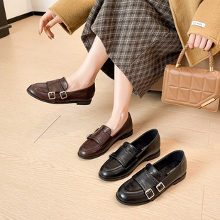 1118-6 英伦复古风乐福鞋日系棕色通勤单鞋皮带扣低跟圆头小皮鞋