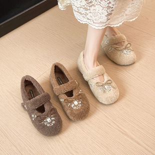 301-6 内蝴蝶结仙女毛毛鞋女外穿2025秋冬季小个子加绒玛丽珍