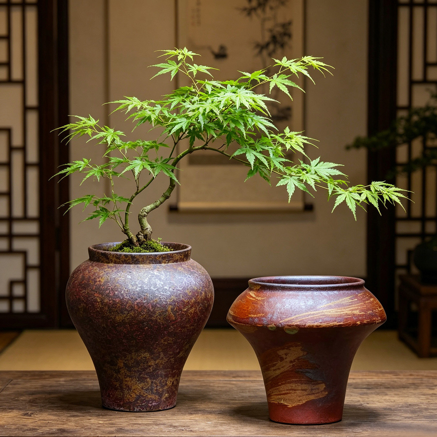 新中式禅意流泉枫桌面种植陶瓷盆图片