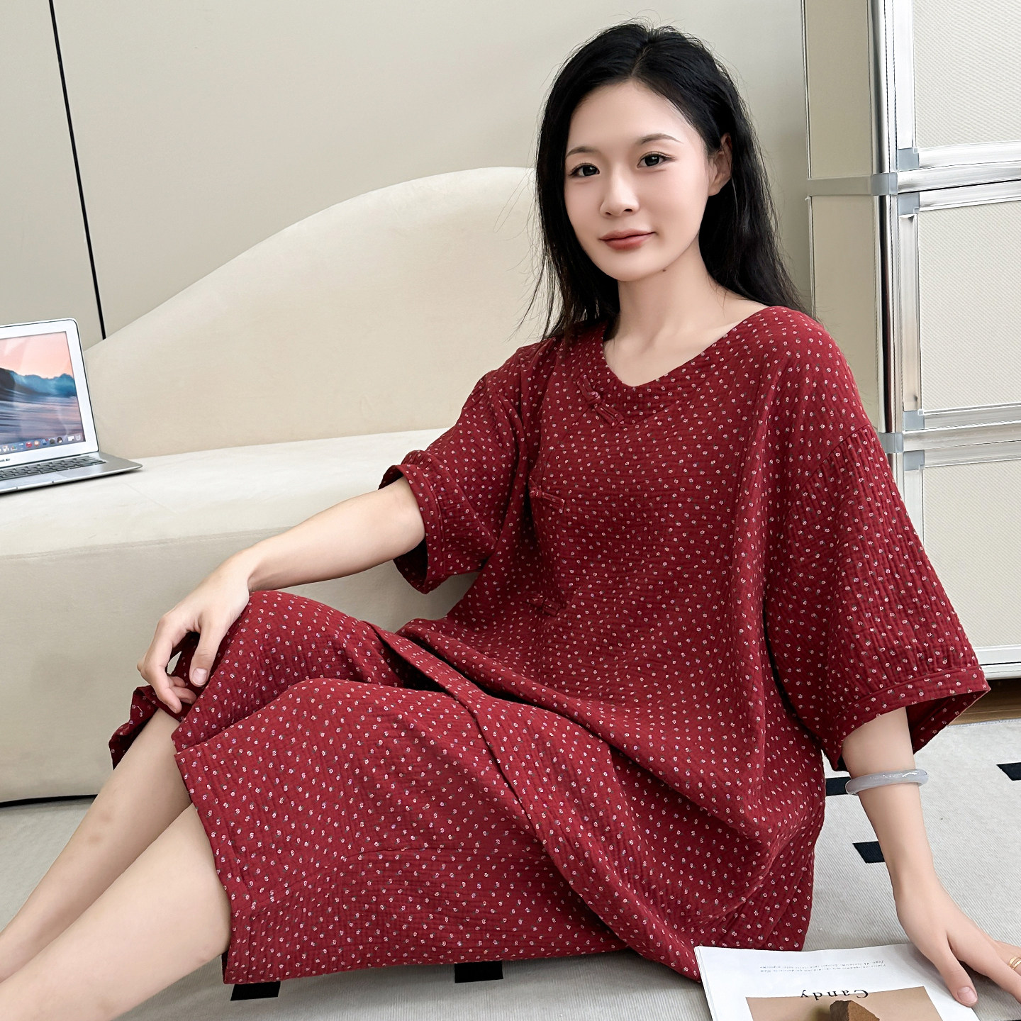 新中式夏季睡衣女大码200斤胖mm双层棉纱国风盘扣短袖家居服套装,女士内衣/男士内衣/家居服,睡衣/家居服套装,淘宝优惠券,粉丝福利购,淘宝优惠卷