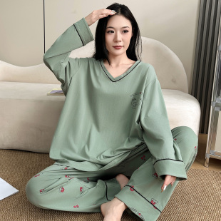 200斤 卡通家居服套装 胖妹妹大码 女睡衣加肥加大春秋纯棉V领长袖