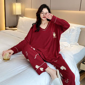 女 家居服套装 200斤胖女孩春秋大码 红色纯棉本命年睡衣加大长裤