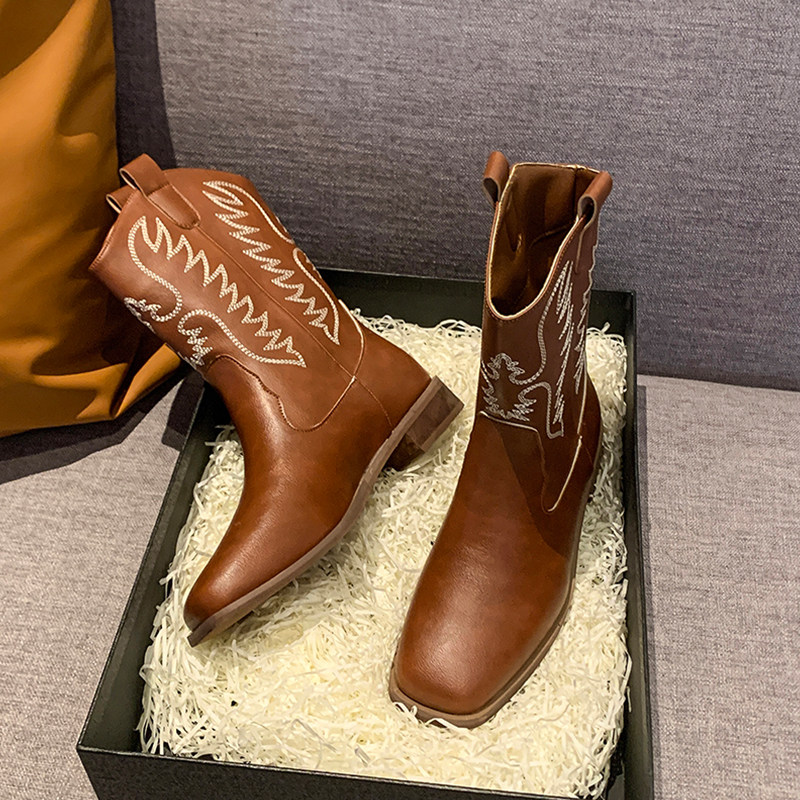AMERICAN VINTAGE EMBROIDERY WESTERN COWBOY BOOTS WOMENS AUTUMN WINTER 2024 NEW V-MOUTH MID-BARREL RIDER BOOTS WORKWEAR MARTIN BOOTS