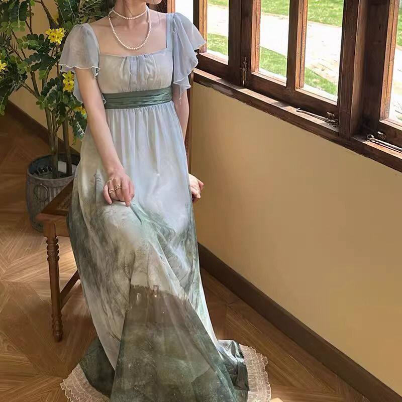 【雾与苔绿】 油画帝政裙复古宫廷风长裙夏季印花连衣裙在逃公主