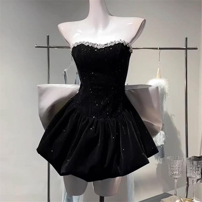 生日party小礼服裙高端轻奢小众公主蓬蓬裙蝴蝶结抹胸丝绒连衣裙