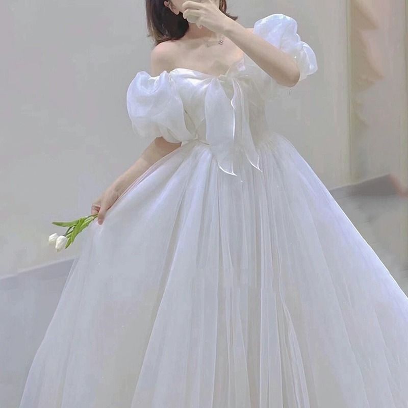 2025新款新娘法式泡泡袖公主婚纱小个子齐地一字肩简约仙女蓬蓬裙