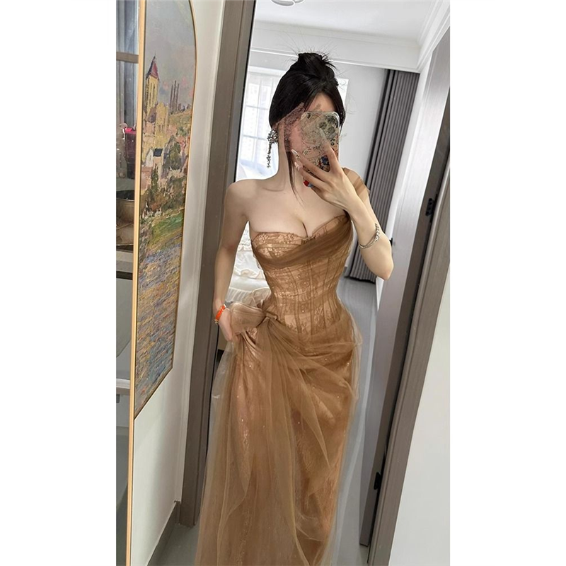 正式场合抹胸连衣裙法式高端轻奢小众重工蕾丝拼接网纱鱼骨礼服裙