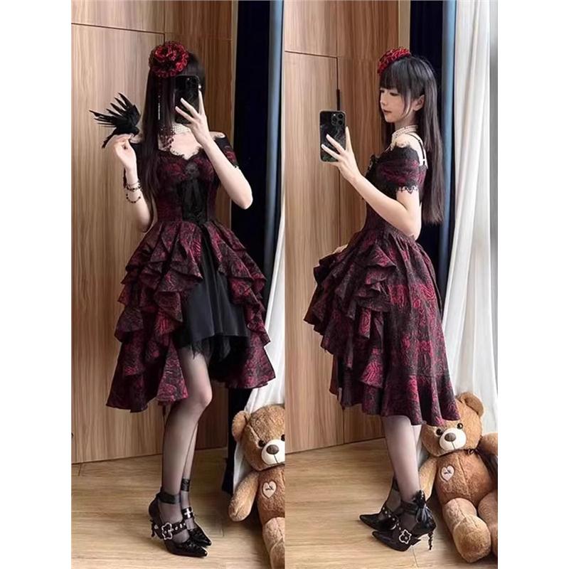 暗黑纯欲风印花设计感气质连衣裙甜辣修身蓬蓬裙lolita裙洛丽塔