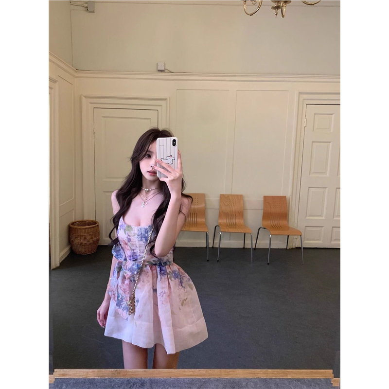 【恋恋夏日】立体剪裁大蝴蝶结U领性感印花连衣裙女超仙旅游短裙