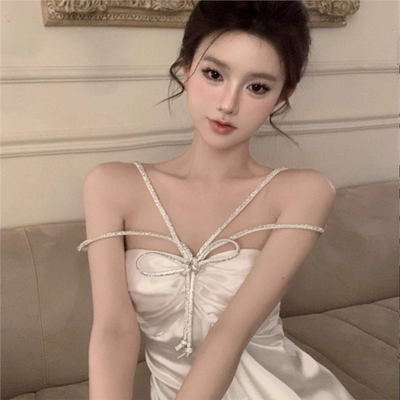 法式水钻蝴蝶结缎面挂脖吊带连衣裙高级感生日party抹胸小礼服裙