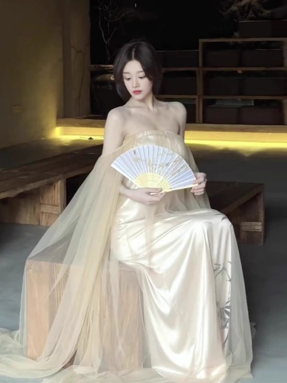 新中式晨袍女新娘订婚礼服孕妇长裙海边度假水墨画国风抹胸连衣裙