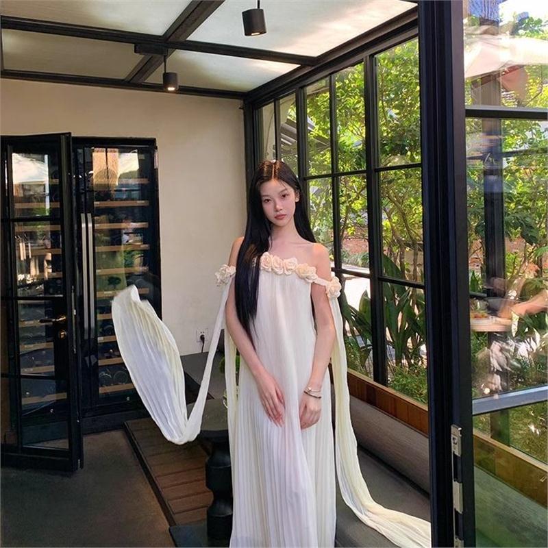 胖mm法式纯欲立体花朵飘带连衣裙女夏气质超仙海岛度假裙