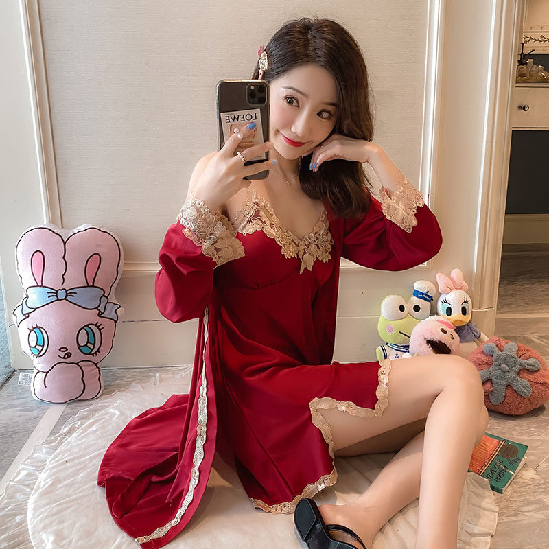 性感睡衣女夏季冰丝红色私房蕾丝吊带睡裙丝绸两件套带胸垫薄新款