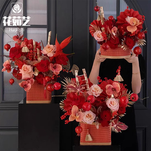 年宵花篮插花福桶红 手拎篮子花店节日装饰迎春diy发财果银柳资材