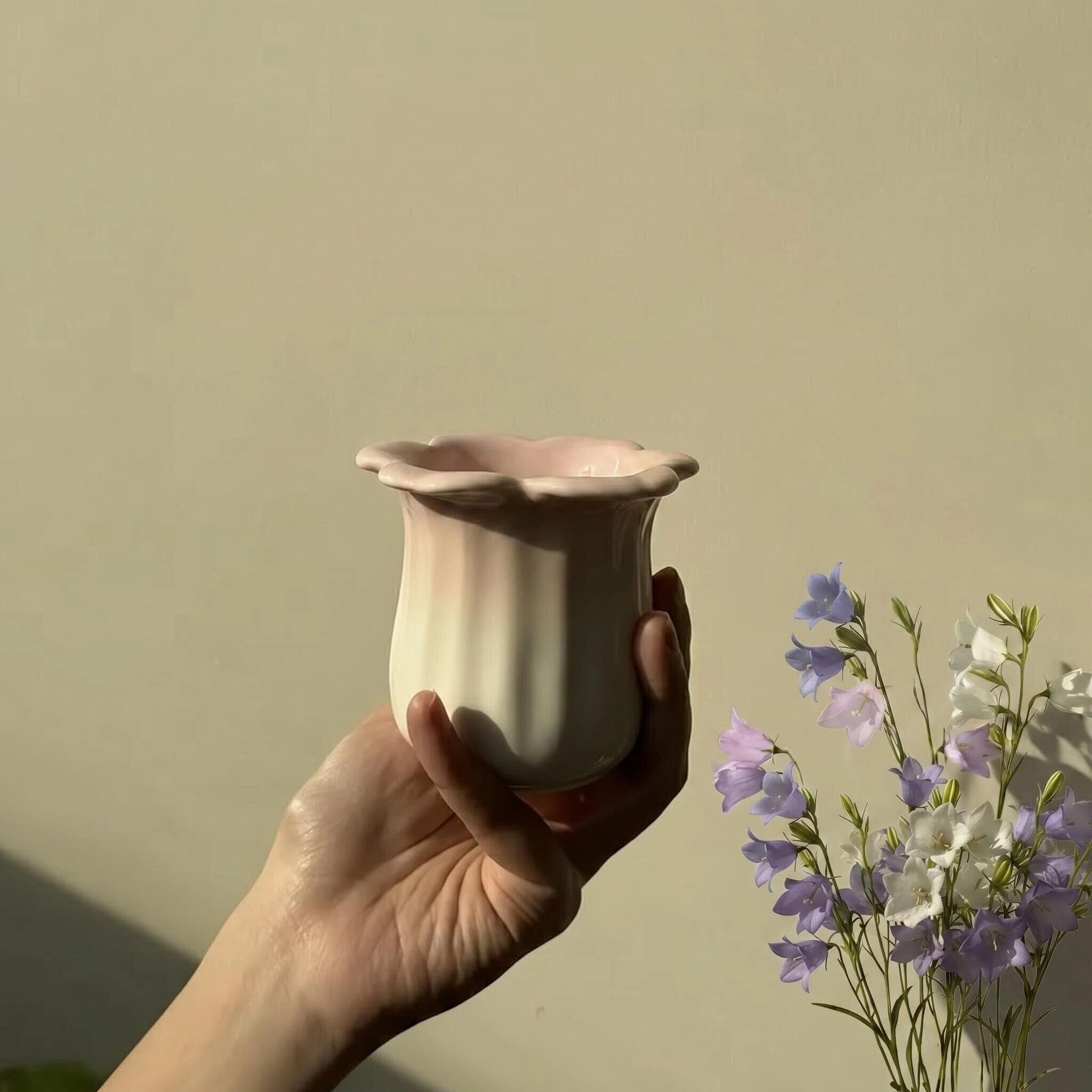 风铃花陶瓷咖啡杯马克杯式小清新手捏风樱花粉渐变色简约花边造型