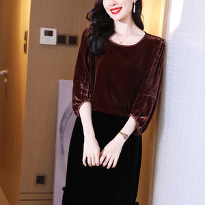 复古真丝丝绒桑蚕丝t恤女秋气质内搭打底衫宽松大码妈妈小衫上衣