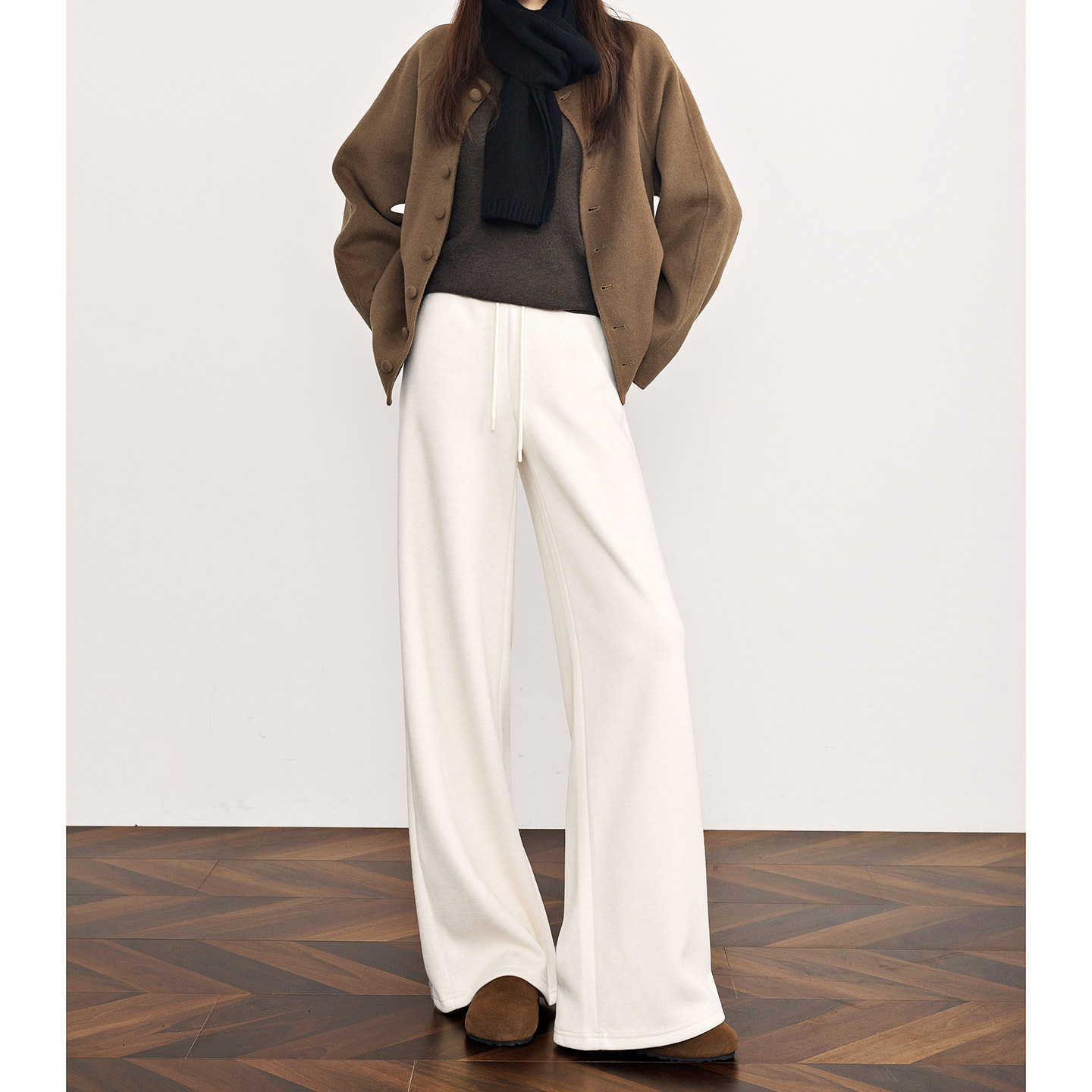 白色羊绒阔腿裤女冬季2025新款高腰宽松垂感加绒加厚直筒糯米裤