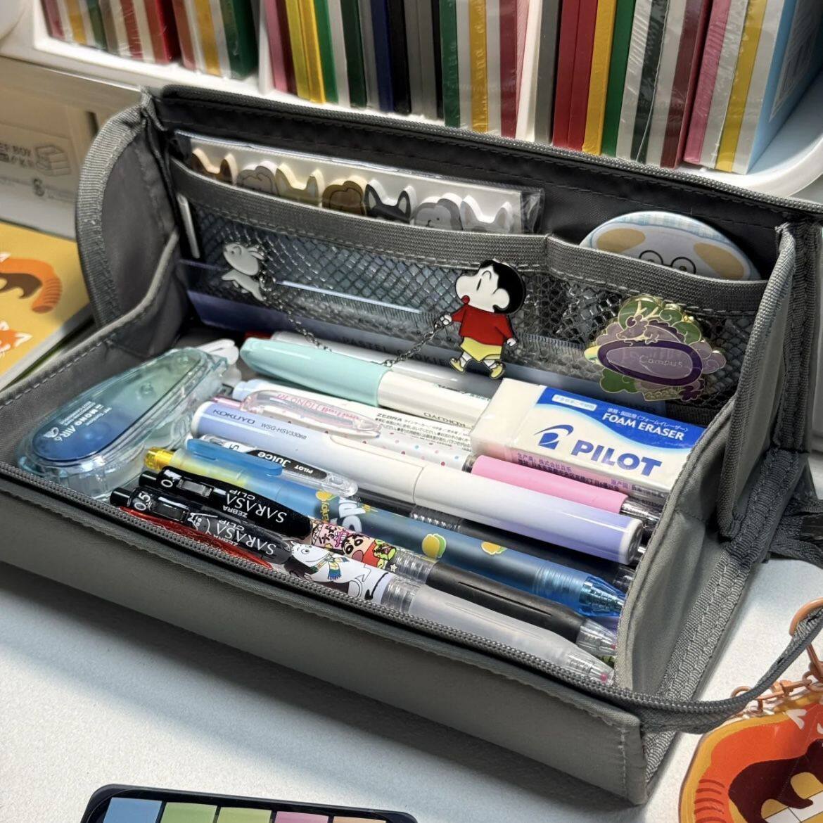 简约灰色菱形手提笔袋大容量横开口文具袋中小学生便携拉链铅笔盒