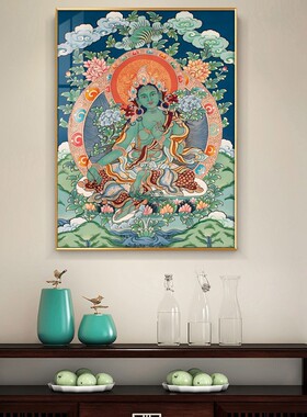 绿度母佛像壁画救苦难菩萨唐卡挂画西藏客厅玄关女性保护神装饰画