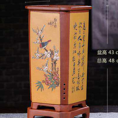 高48cm精品紫砂盆超高四方签筒花盆悬崖花盆带底座客厅落地花盆i.