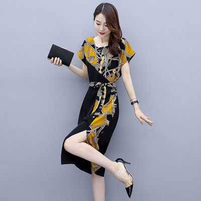 印花连衣裙款宽松收腰显瘦开叉系带包臀裙子