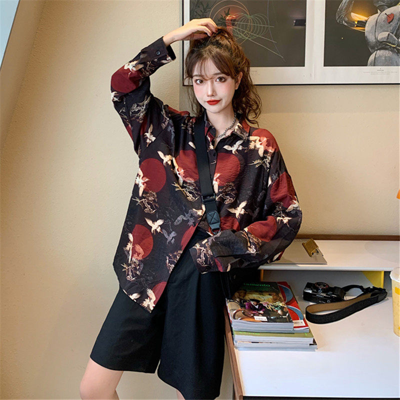 日系复古仙鹤印花长袖衬衫女2021秋季新款韩版宽松百搭雪纺衫上衣