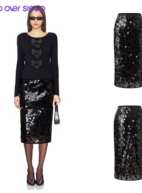 Sleep Over Sleep秋冬新款华丽酷感千金黑色亮片缀饰直筒中长半裙