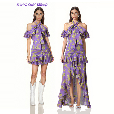 25年春夏新款！Sleep Over Sleep玫瑰印花双绉可拆卸下摆挂脖长裙