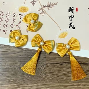 新中式小女孩女金色发夹百天周岁抓周礼服搭配黄色发带表演拍照