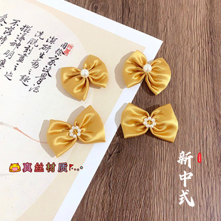 新中式女童黄色仿真丝发夹百天周岁礼服汉服唐装抓周发饰表演拍照