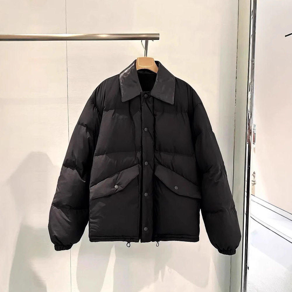 黑色羽绒服女款2024新款PU皮翻领90白鸭绒面包服加厚保暖冬季