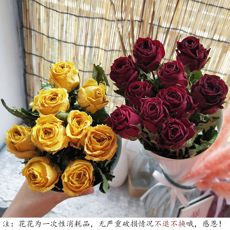 干玫瑰干花花束真花单支玫瑰情人草天然晾干家居装饰摆件拍摄道具