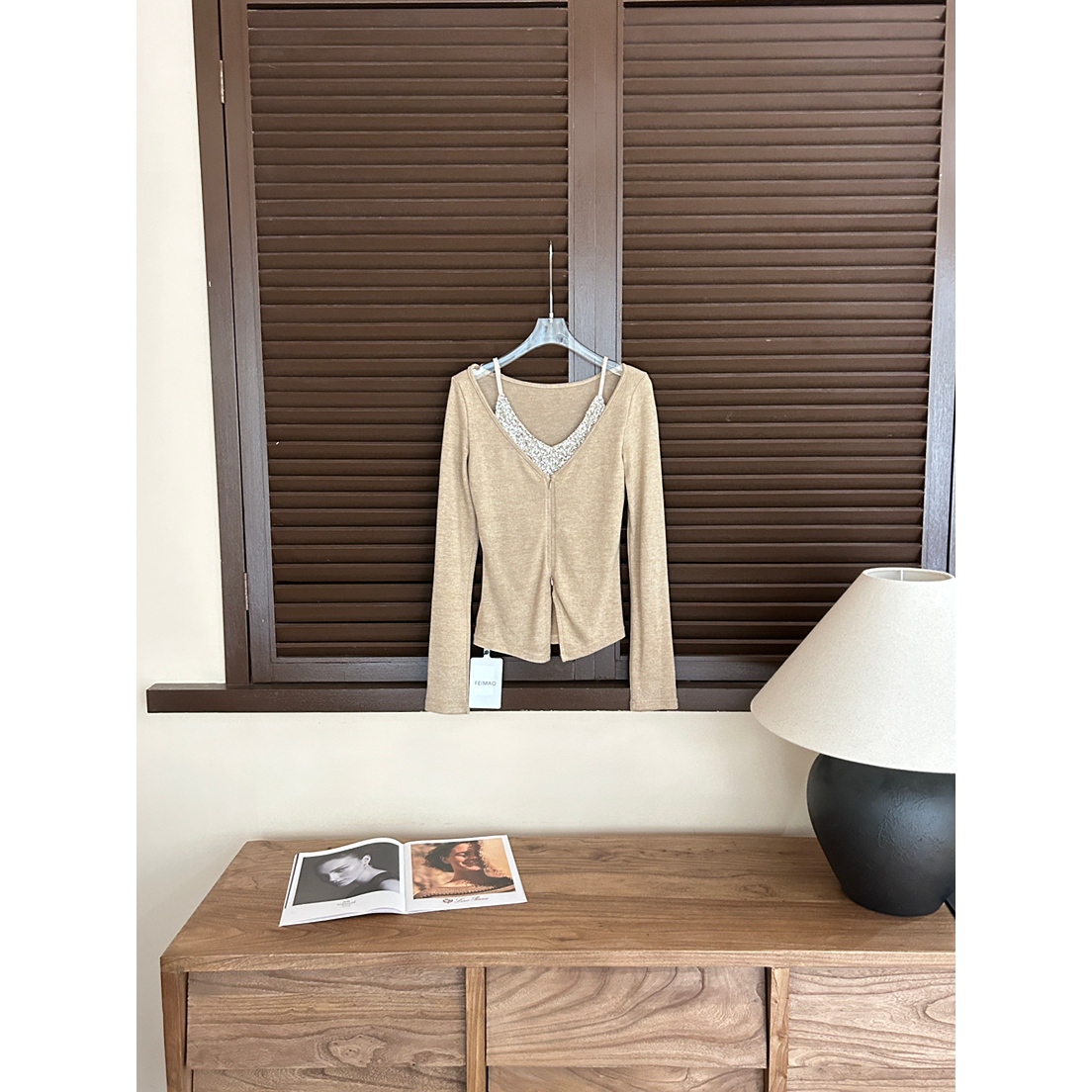 FEI MAO2025十三行秋冬新款时尚亮片长袖假两件辣妹修身上衣小衫