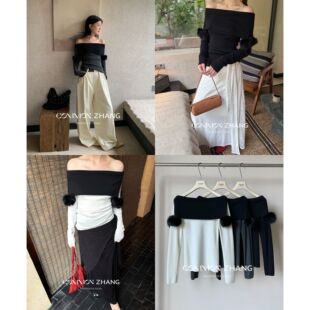 CZ ZHANG2025十三行早秋新款一字肩修身显瘦针织衫(配可拆卸毛球)