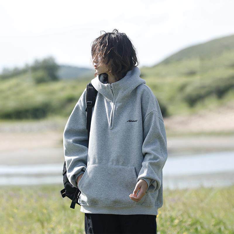 阿于呆原创半拉链日系400g重磅连帽美式套头加绒卫衣男秋冬外套女