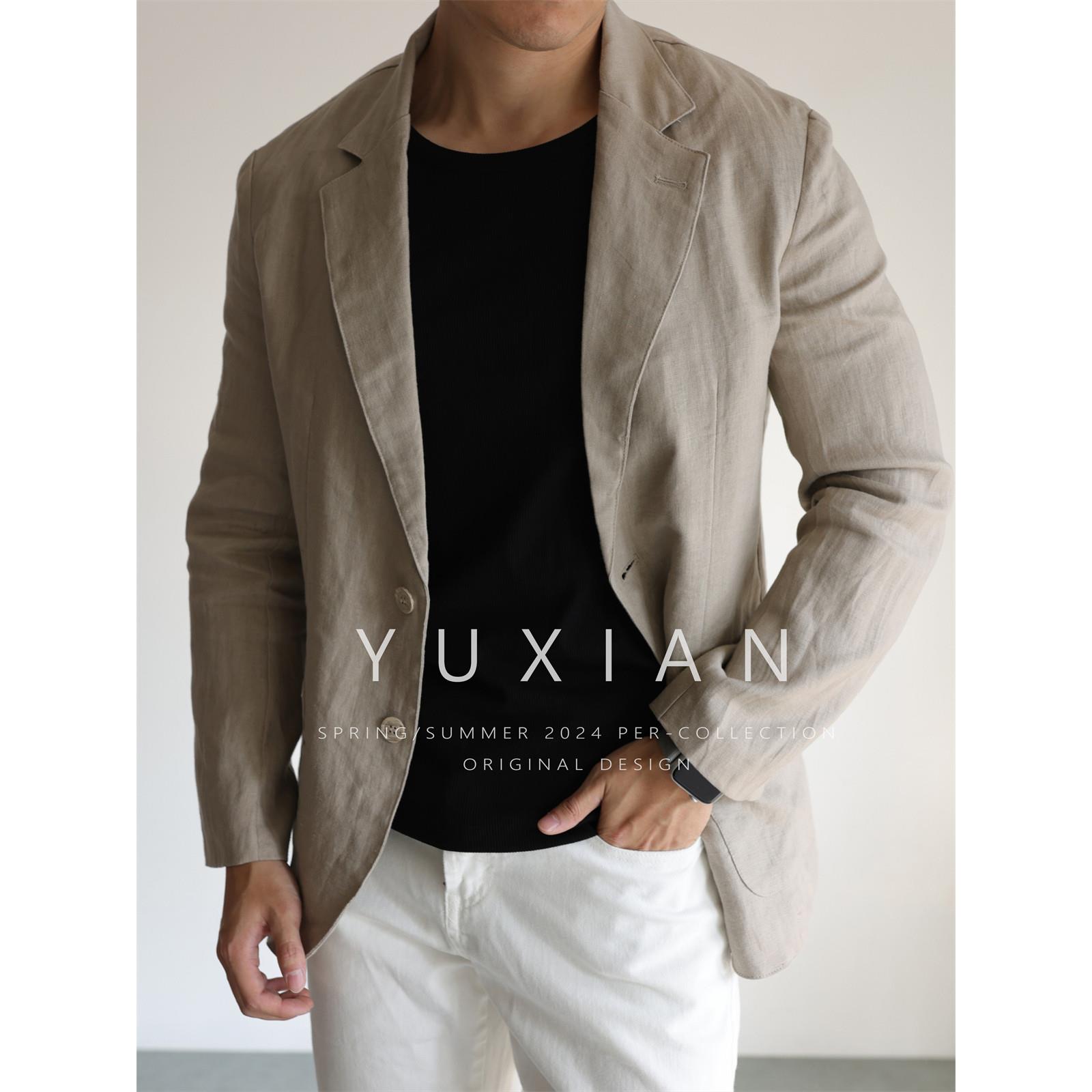 YUXIAN春夏100%亚麻休闲商务西装薄款修身男士西服外套通勤透气