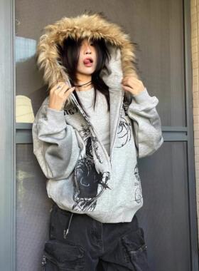 15GET 美式复古重磅加厚毛领连帽卫衣慵懒感开衫外套情侣款秋冬潮