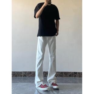 E23美式微喇白色牛仔裤潮牌显瘦高个子长裤男高街直筒修身裤子男