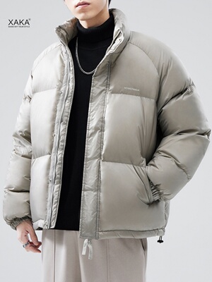 XAKA美式复古立领白鸭绒羽绒服男纯色宽松加厚面包服潮牌情侣外套