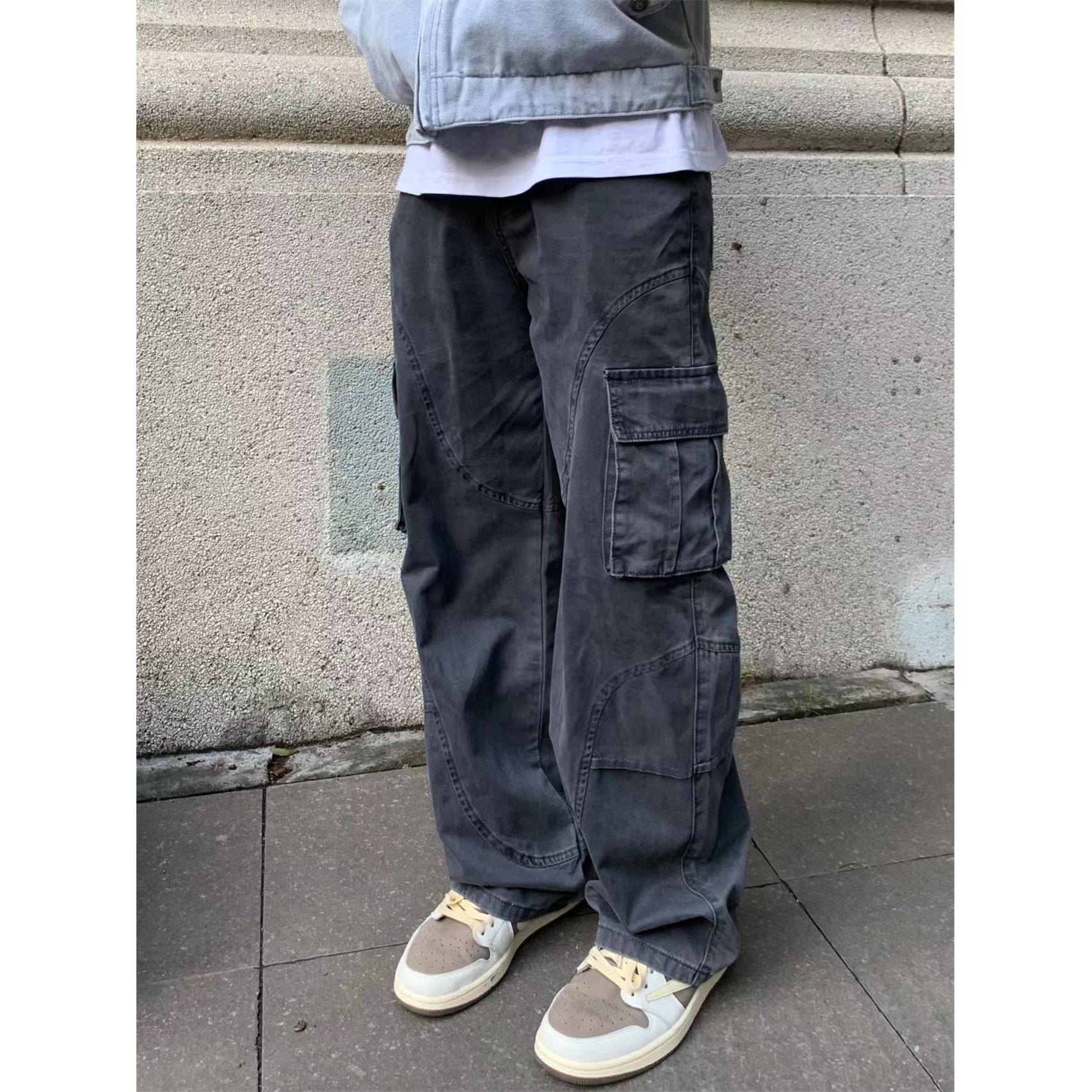 22TREE美式复古工装裤男女高街休闲腰带宽松黑色直筒裤潮牌裤子