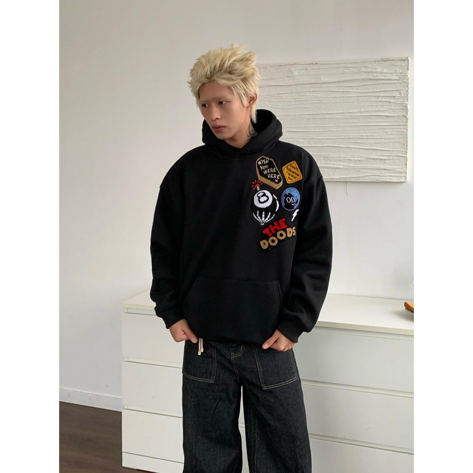 DHSS原创美式刺绣植绒徽章加绒连帽卫衣男女宽松加厚情侣高街上衣