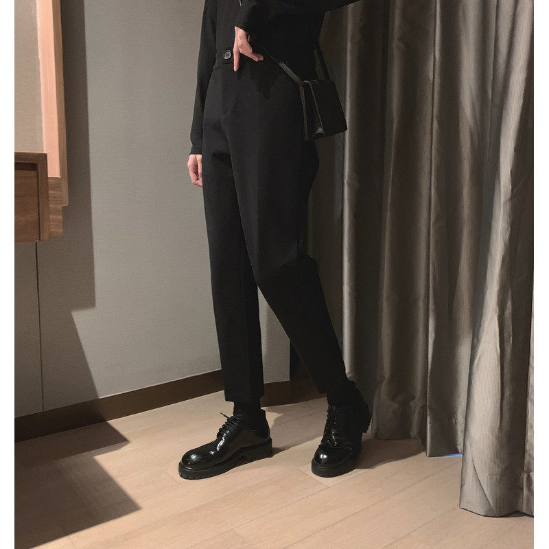 阿茶与阿古简约黑色毛呢裤子男韩版潮流宽松锥形显腿长九分休闲裤