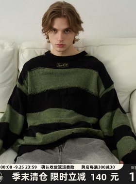 HeartBoon 美式慵懒风撞色条纹圆领毛衣男女软糯针织衫秋季情侣款